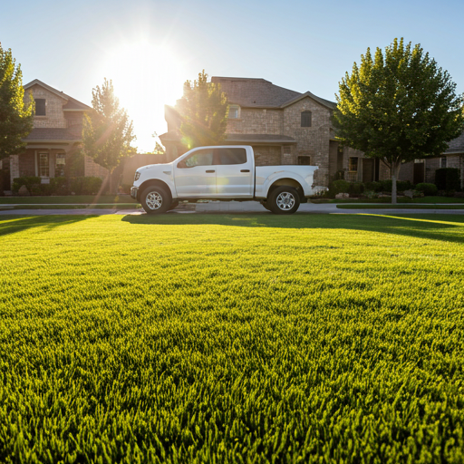 Manicured residential lawn and service truck at sunset — the kind of work Zachicom helps you book and run